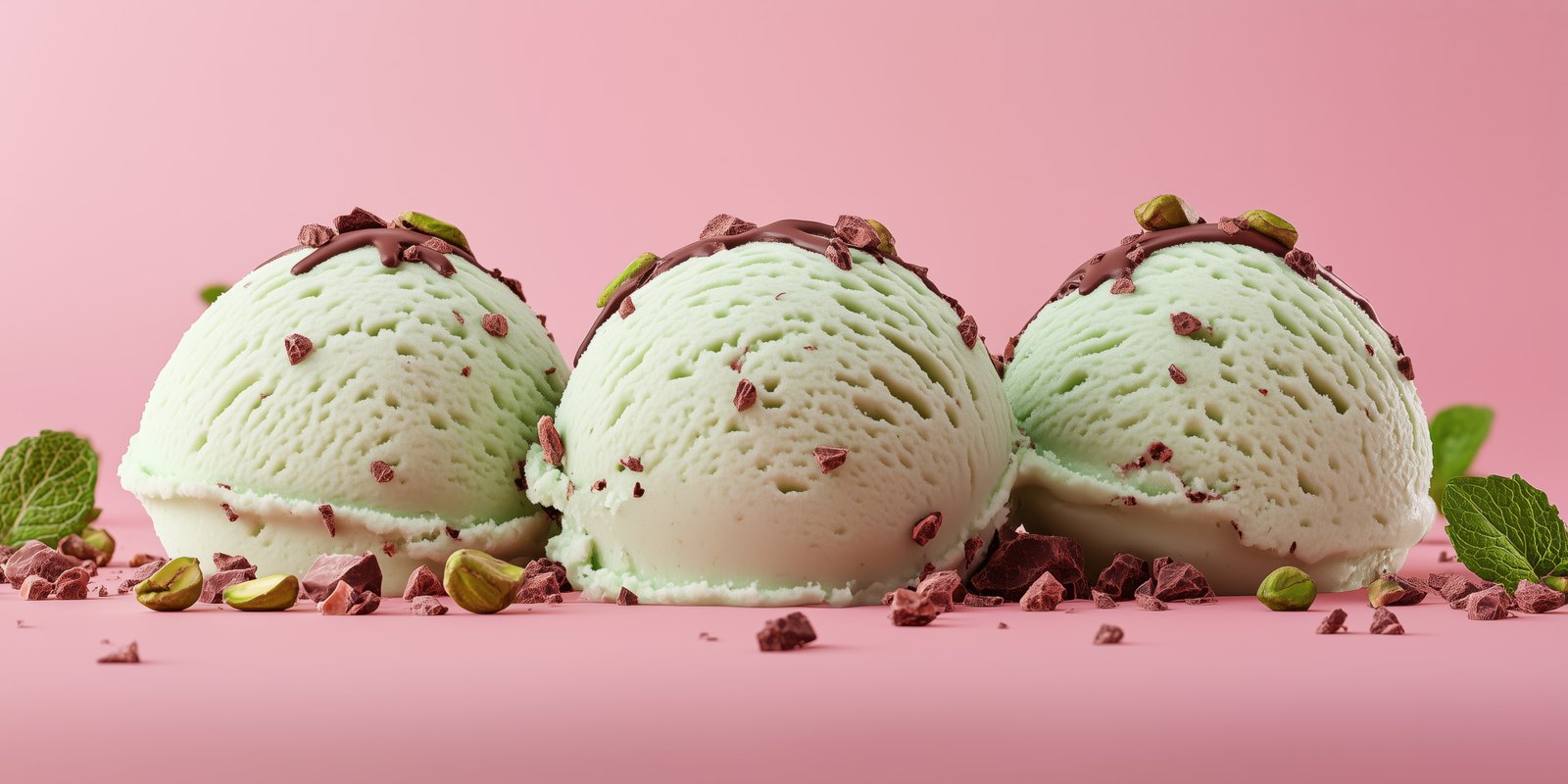 Mint chocolate chip ice cream scoops on a pink background with chocolate shavings and mint leaves